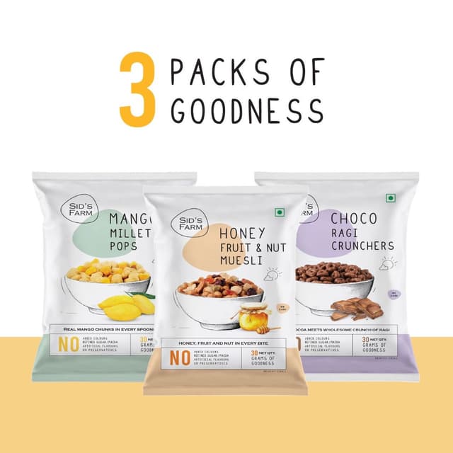 Sid's Farm Mango Millet Pops | Choco Ragi Crunchers | Honey Fruit - Nut Muesli | Assorted