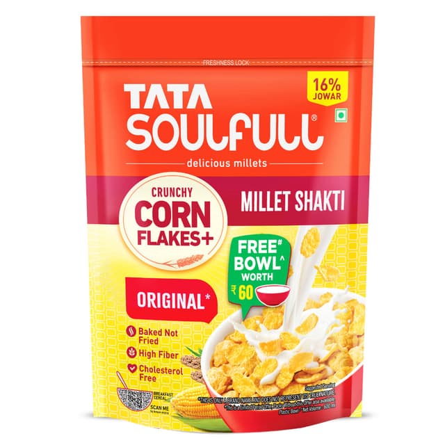 Tata Soulfull Corn Flakes, Original, Crunchy Corn & Millets, Baked Not Fried, With Free Bowl